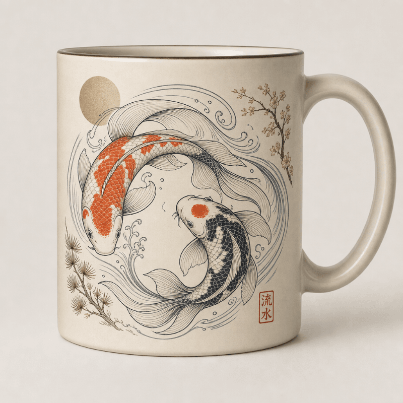 Two elegant koi fish mug design - Japanese minimalism with flowing water patterns