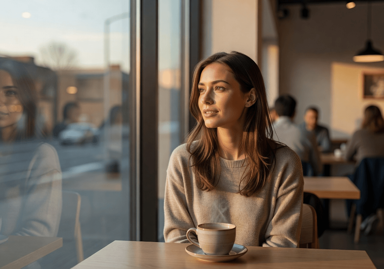 Grok Imagine photorealistic café portrait — tied for best visual quality 92/100