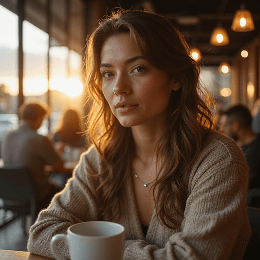 Juggernaut Flux Pro photorealistic café portrait — 87/100