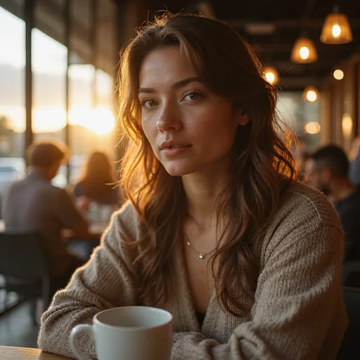 Juggernaut Flux Pro photorealistic café portrait — 87/100