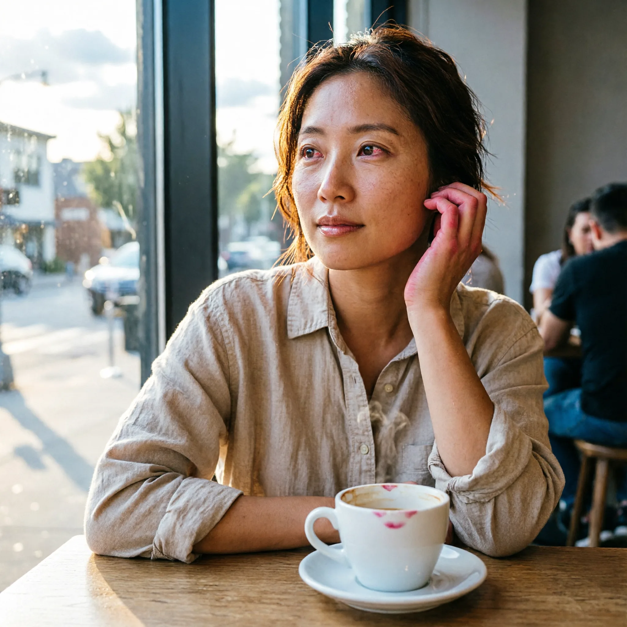 Qwen Image 2.0 photorealistic café portrait — documentary style 87/100