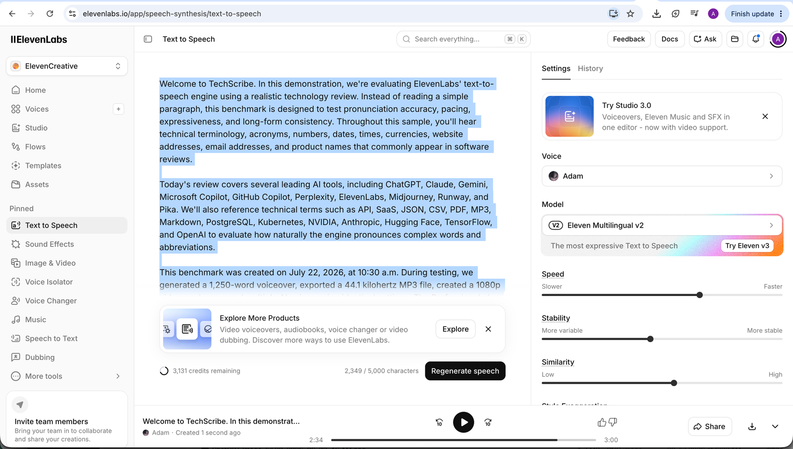 ElevenLabs text-to-speech dashboard showing the benchmark script, voice, model, and export settings