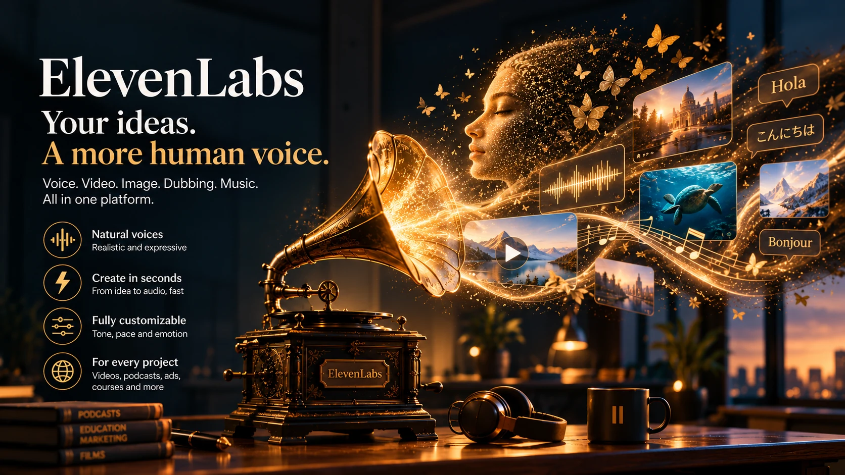 ElevenLabs AI voice, video, and multimedia platform — Voice Changer, dubbing, music, and video generation in one workspace