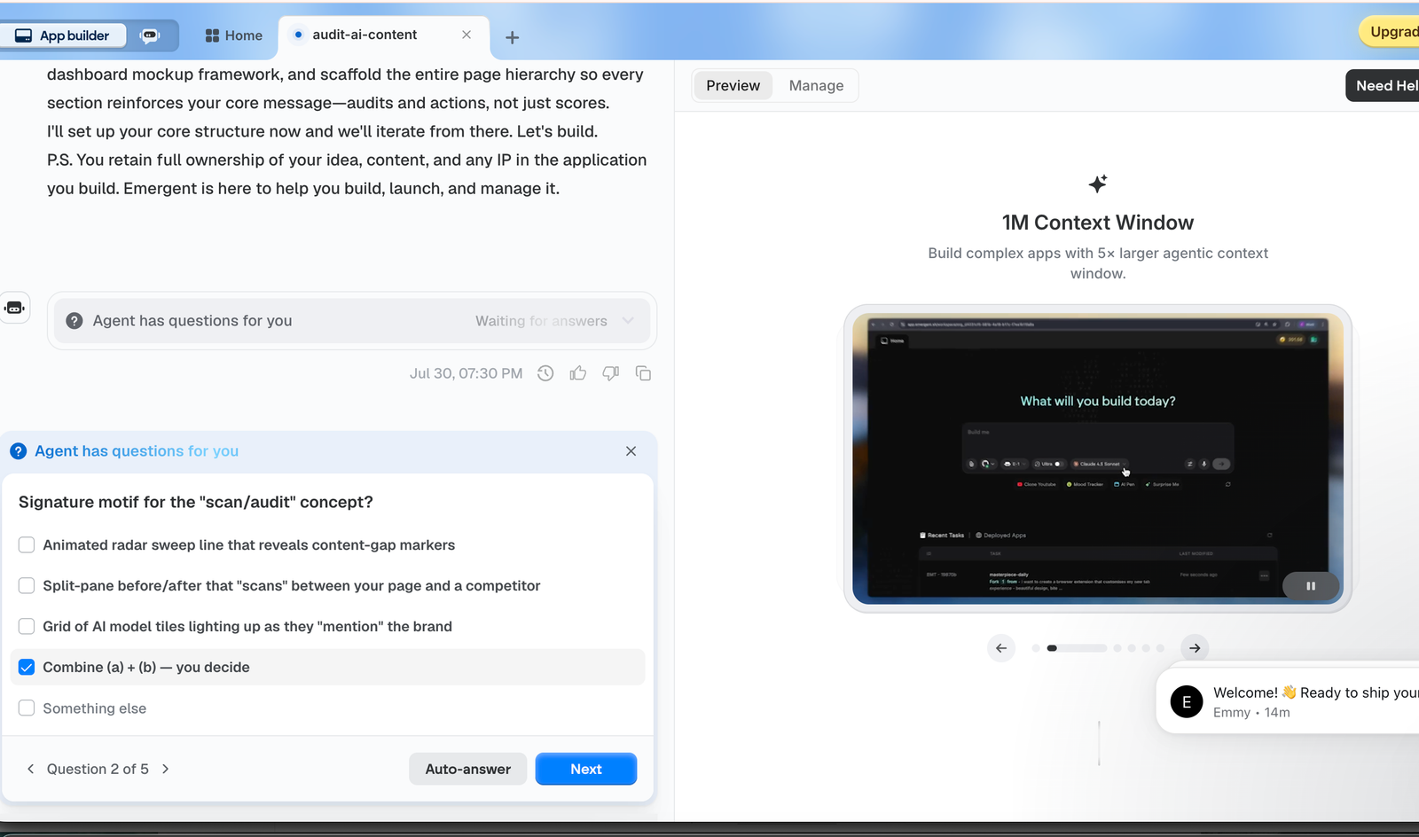 Emergent asking a clarifying question about the signature scan/audit motif before building the Varity landing page