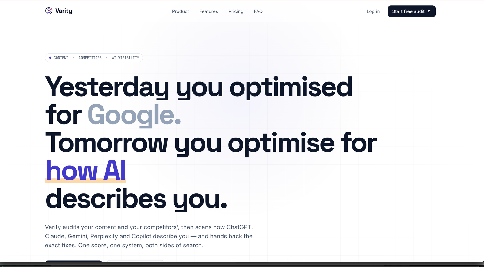 Varity landing page hero built by Emergent, headline reads Yesterday you optimised for Google, Tomorrow you optimise for how AI describes you