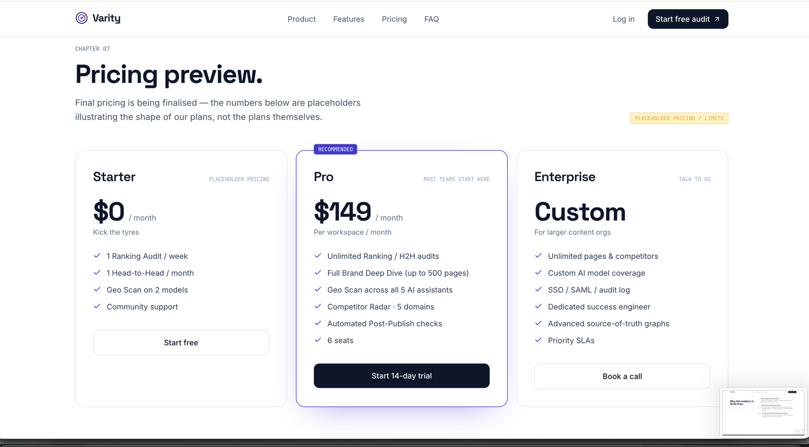 Varity pricing preview with Starter, Pro and Enterprise tiers marked as placeholder pricing