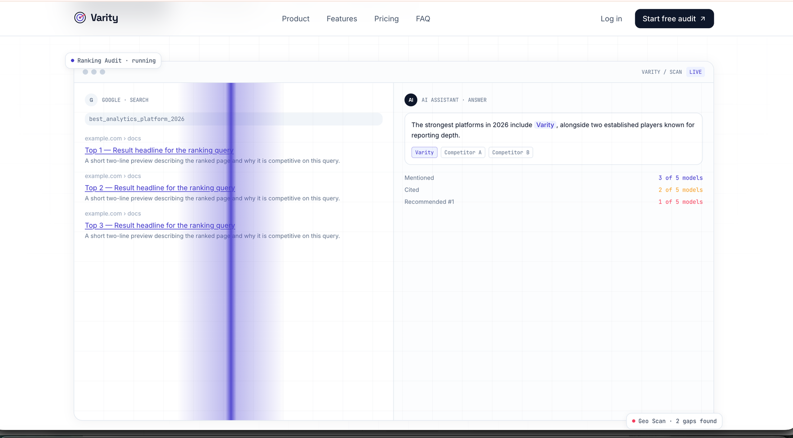 Signature scan-line motif splitting a Google search result from an AI assistant answer