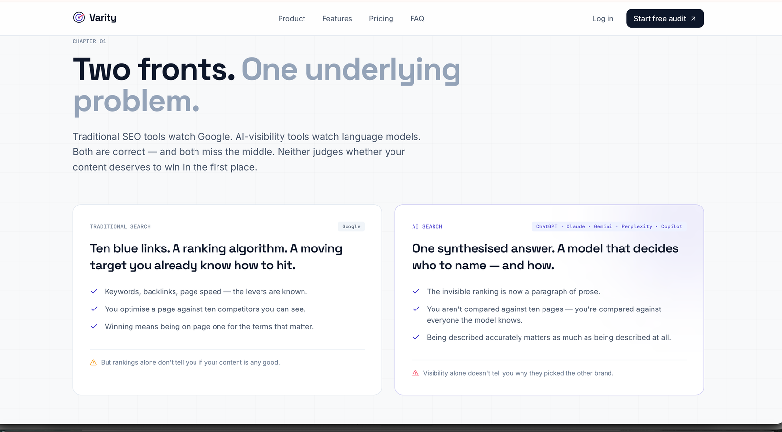 Two fronts, one underlying problem section comparing traditional search and AI search side by side