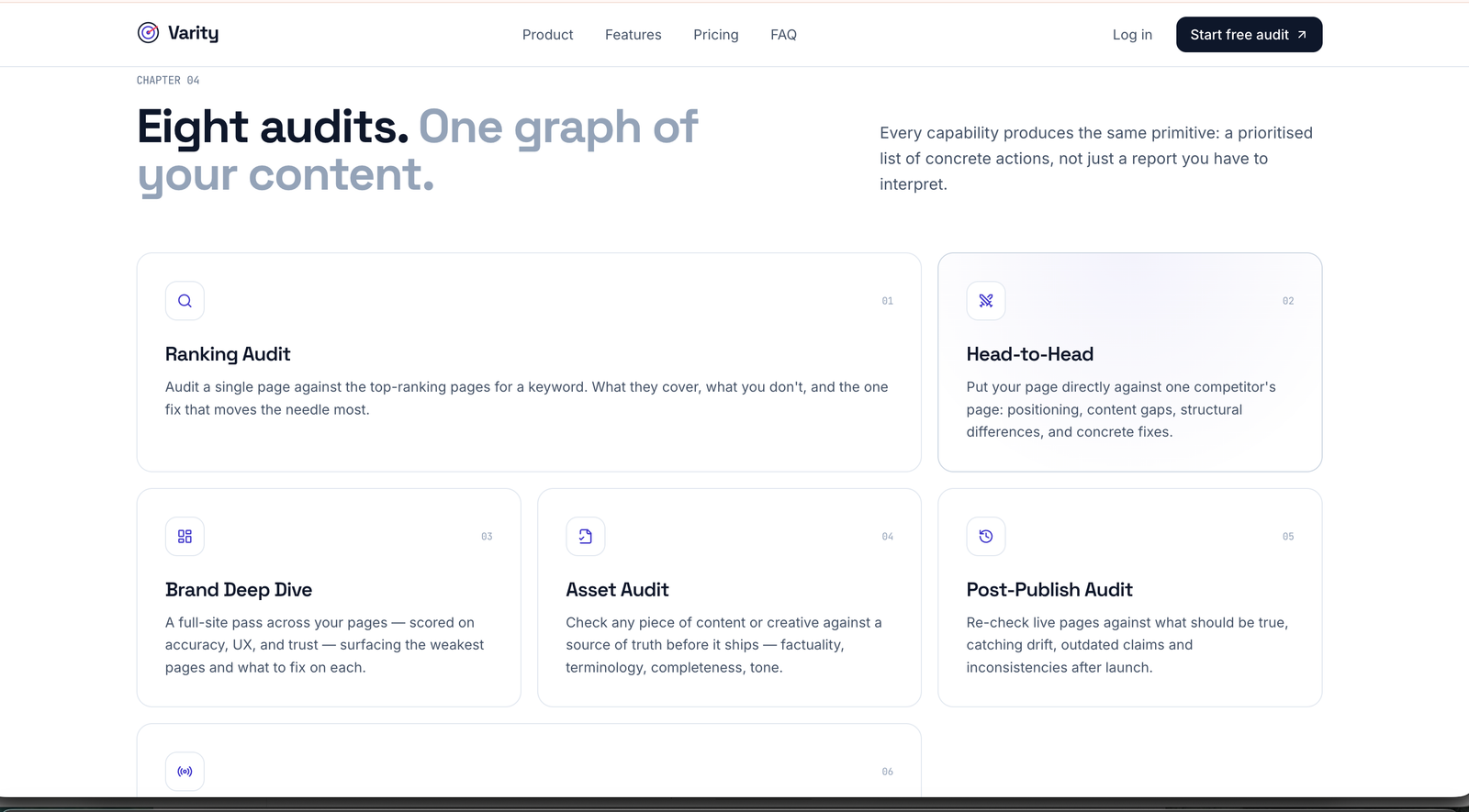 Eight audits, one graph of your content feature grid with eight numbered cards