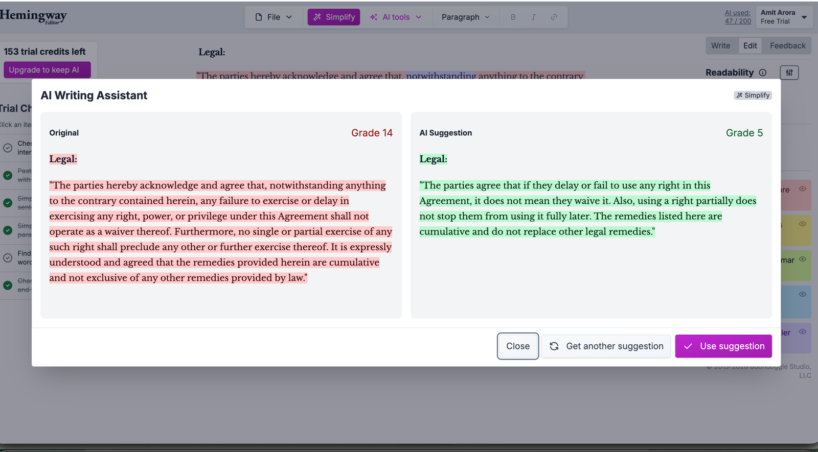 Hemingway Editor Simplify tool rewriting a legal non-waiver clause from Grade 14 to Grade 5