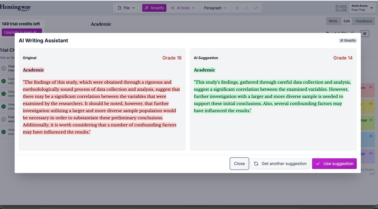 Hemingway Editor Simplify tool rewriting an academic abstract from Grade 16 to Grade 14
