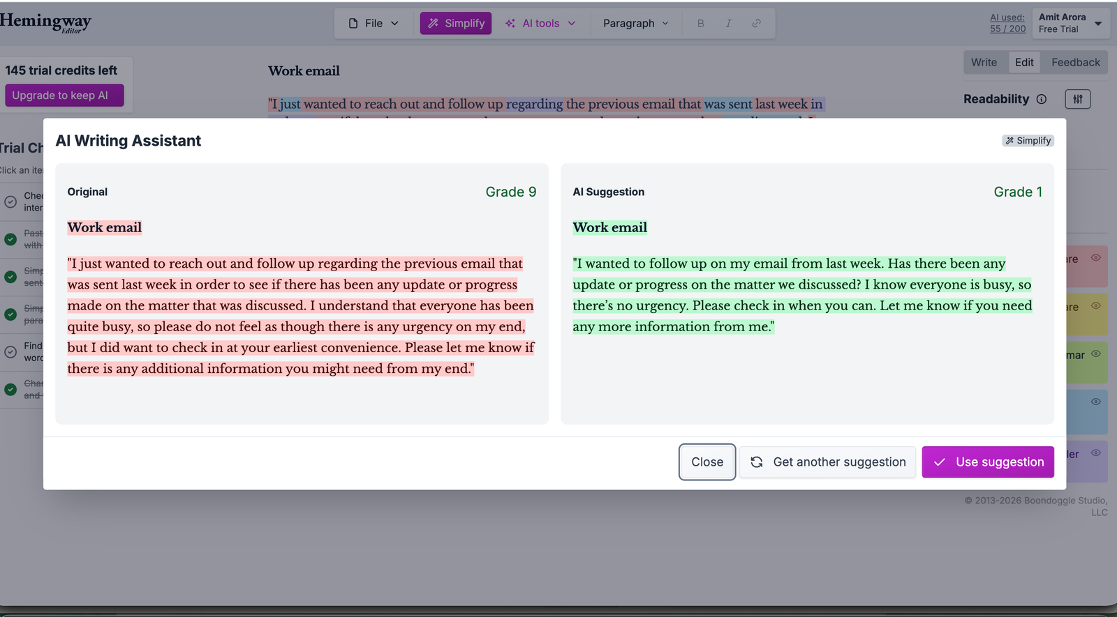 Hemingway Editor Simplify tool rewriting a rambling work email from Grade 9 to Grade 1
