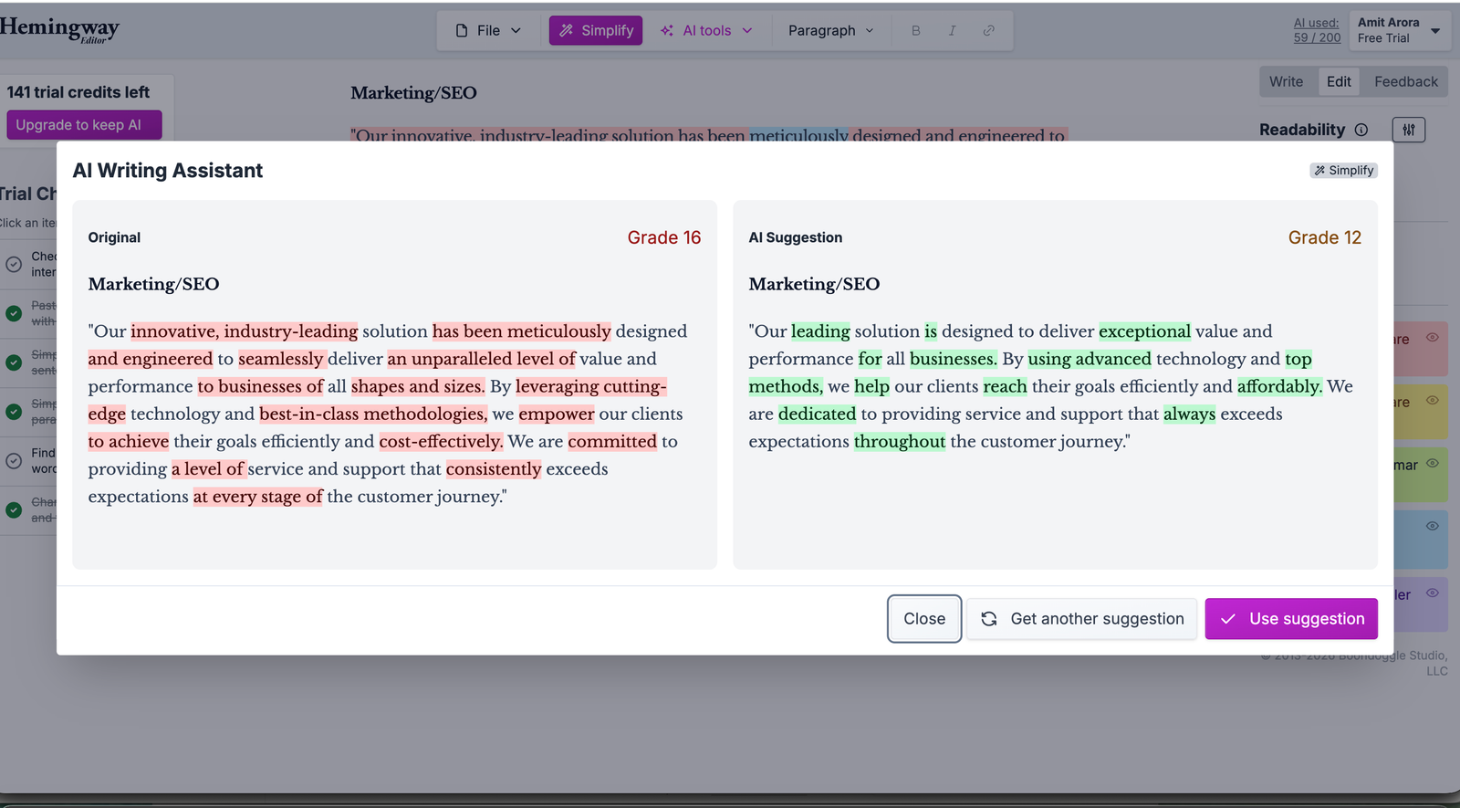 Hemingway Editor Simplify tool rewriting marketing copy from Grade 16 to Grade 12