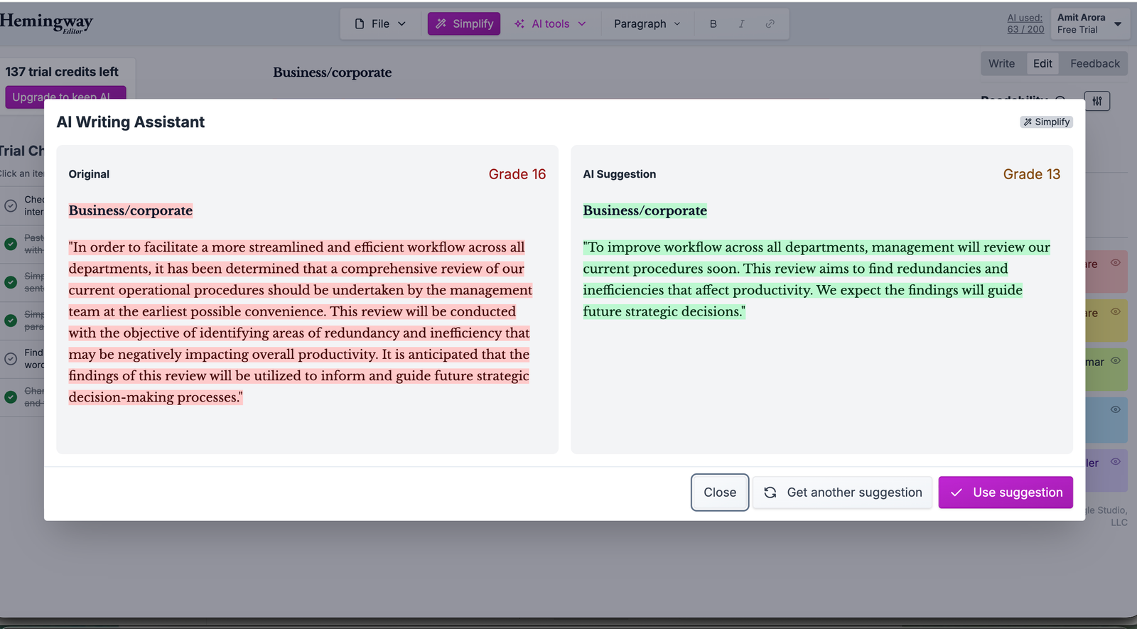 Hemingway Editor Simplify tool rewriting a corporate memo from Grade 16 to Grade 10