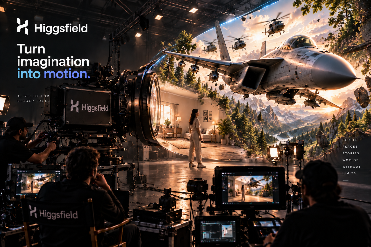 A film crew on a production set watching a giant camera lens open onto a mountain scene with a fighter jet and helicopters, with the Higgsfield logo and 'Turn imagination into motion' tagline displayed
