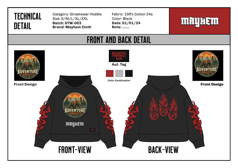 The finished front-and-back apparel concept with the AI-generated vintage badge placed on the hoodie