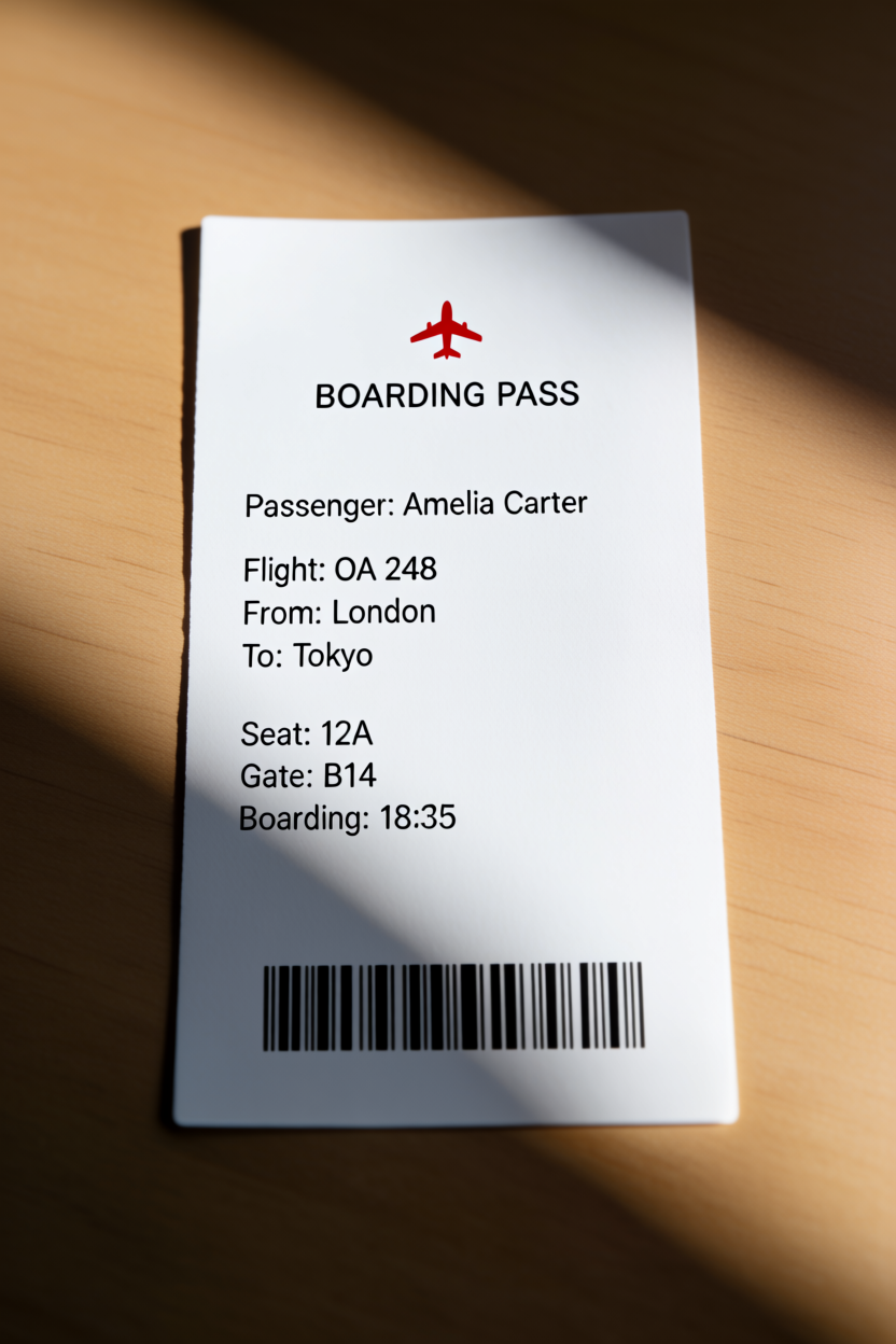 Krea 2 Medium test — minimalist airline boarding pass on a wooden desk