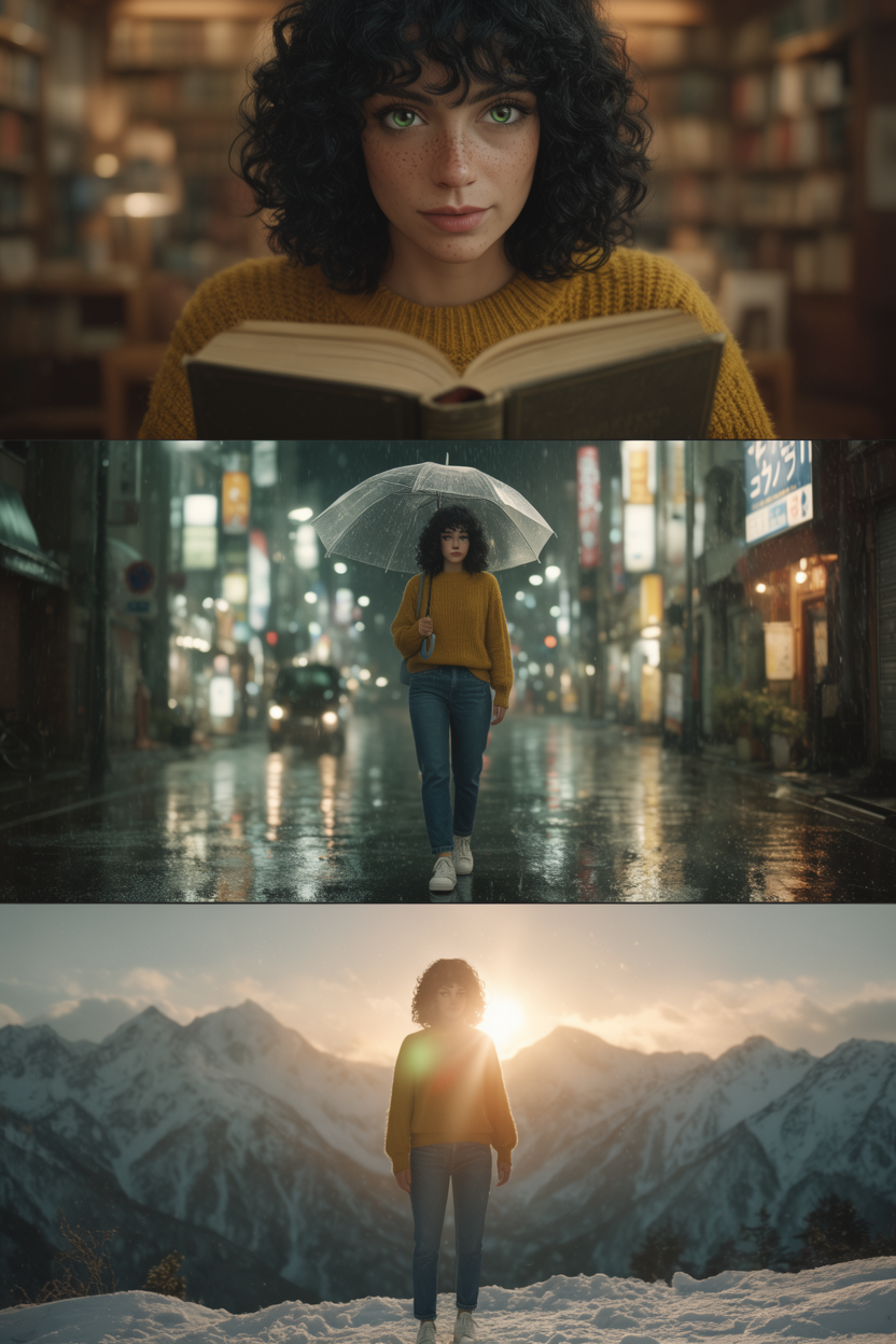 Krea 2 Medium test — cinematic triptych of the same woman in three scenes