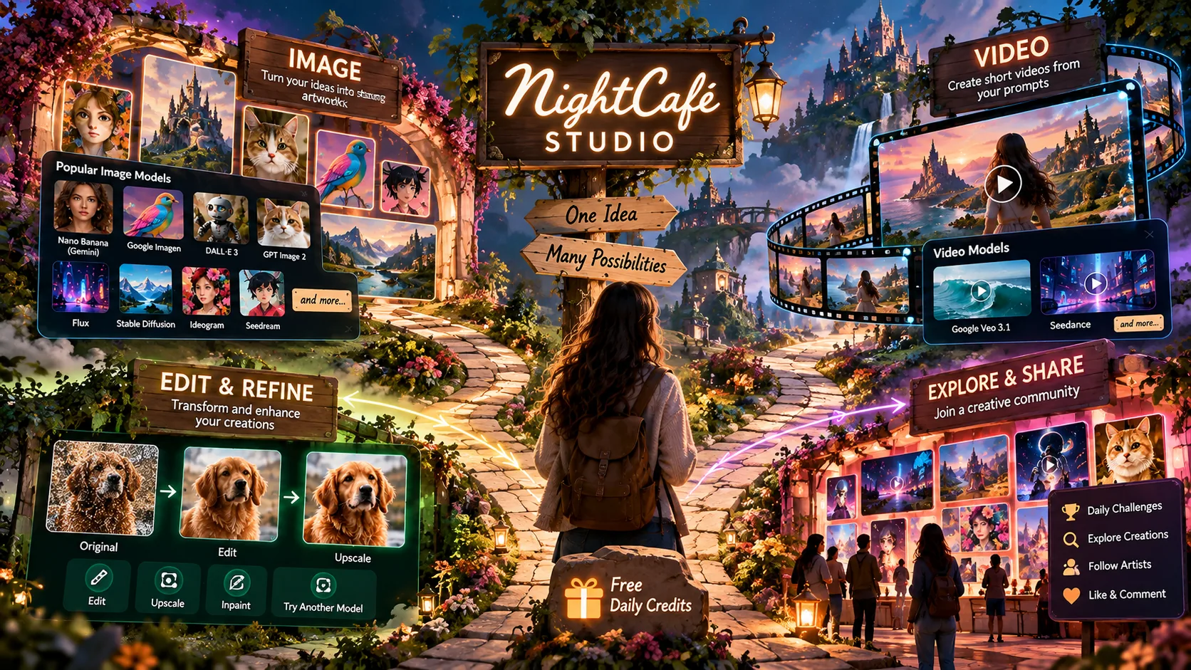 NightCafe Studio — one prompt, many AI image and video models, edit and refine tools, and a community to explore and share with