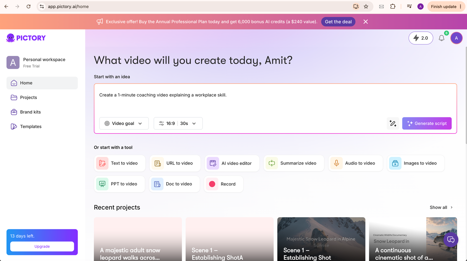 The Pictory editor showing the generated video project