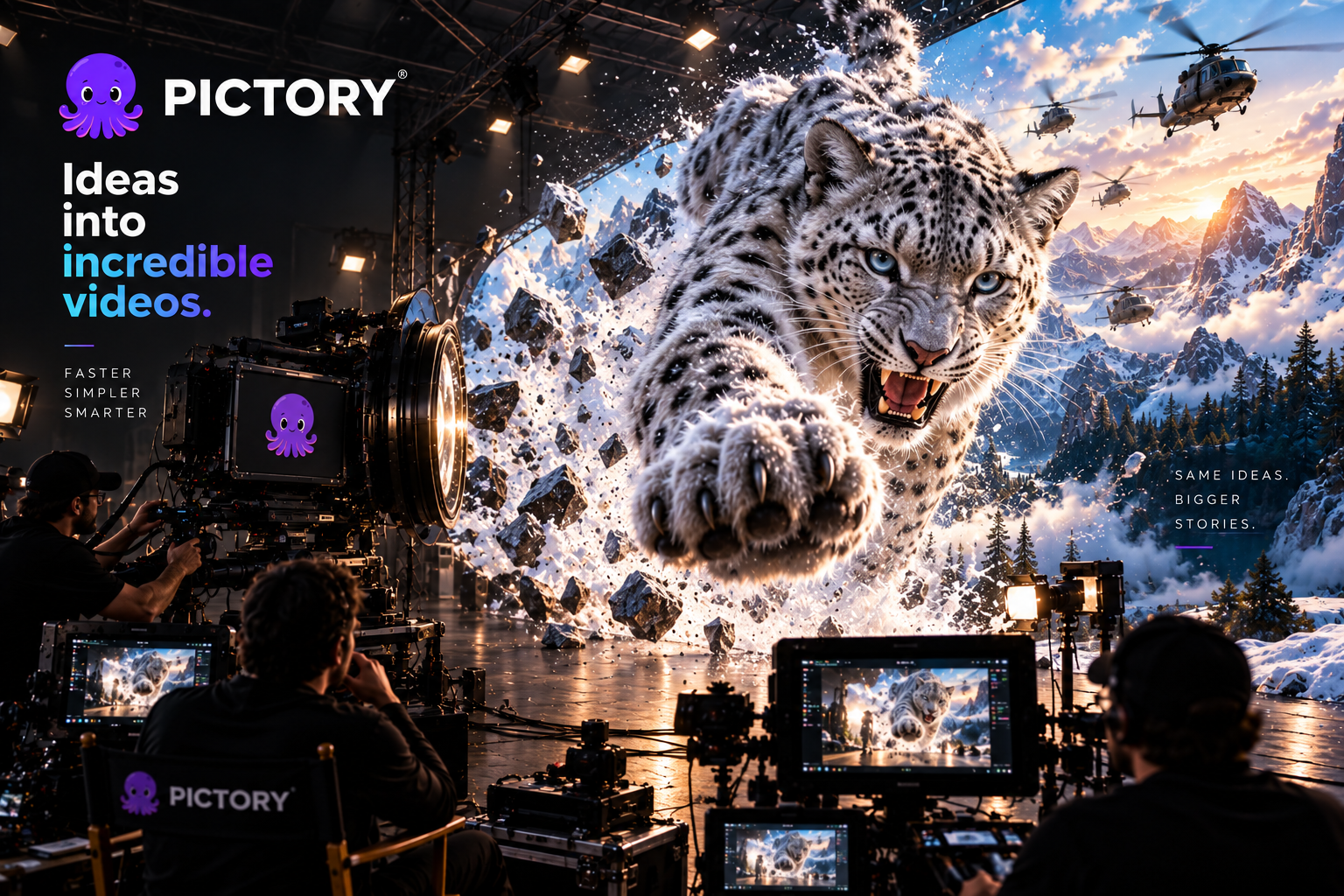A film crew on a production set watching a giant screen show a snow leopard bursting through a wall of ice onto a snowy mountain scene with helicopters, with the Pictory logo and 'Ideas into incredible videos' tagline displayed
