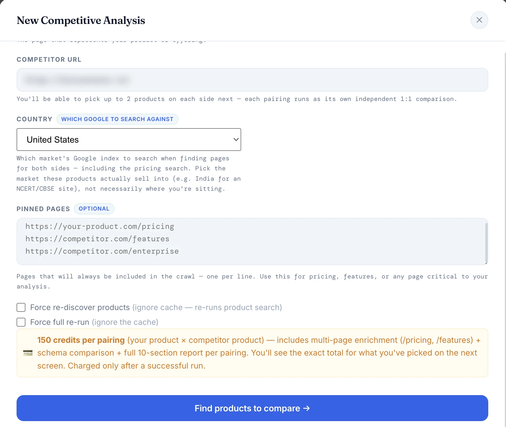 RankAnalyze Head-to-Head setup screen with competitor URL, country selector and pinned pages fields, competitor name blurred