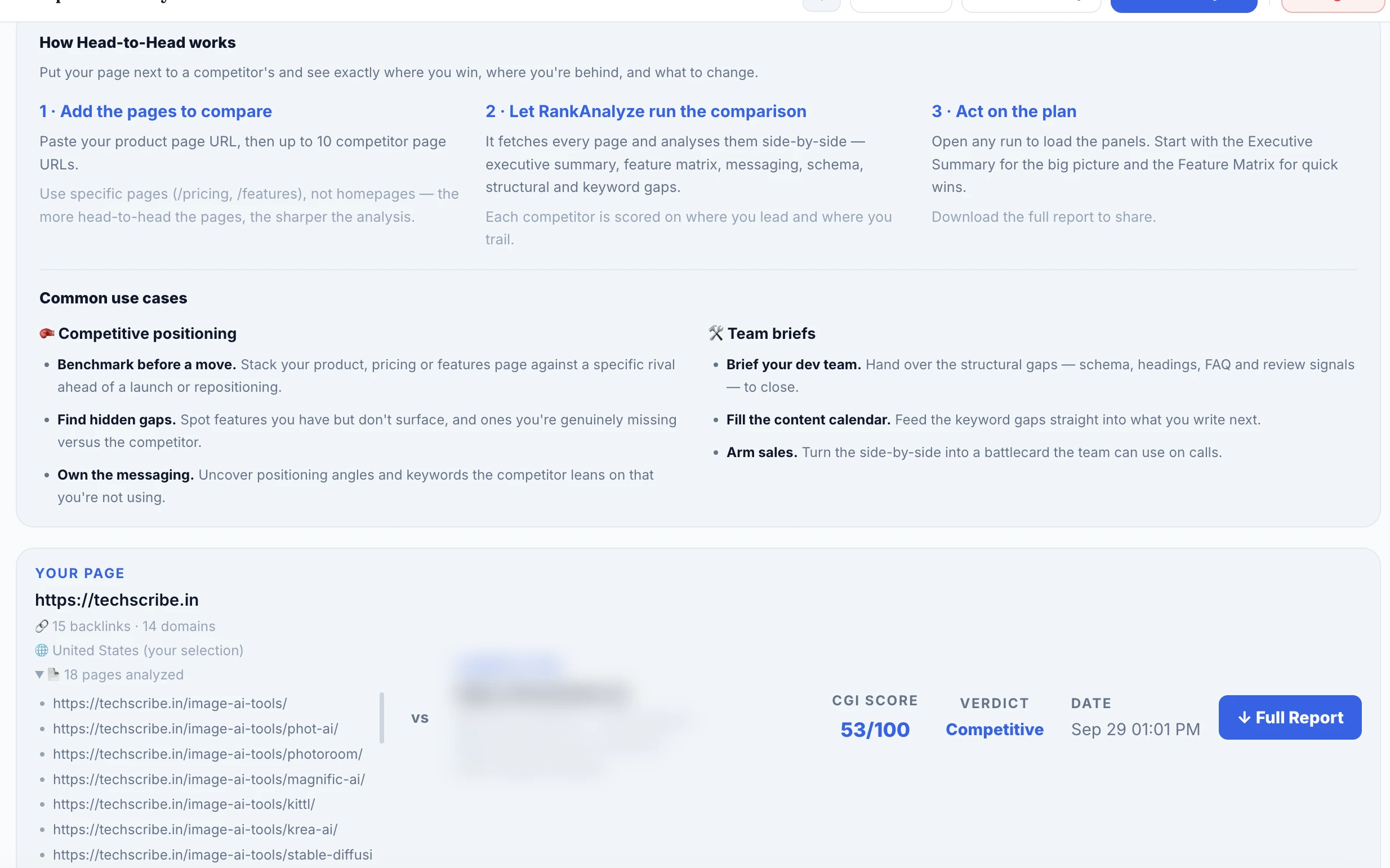 RankAnalyze Head-to-Head report header showing both sites, backlinks, pages analyzed and a CGI score of 53 out of 100