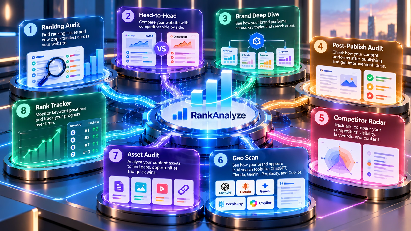 RankAnalyze, 8-workflow SEO, competitor, and AI-visibility audit tool