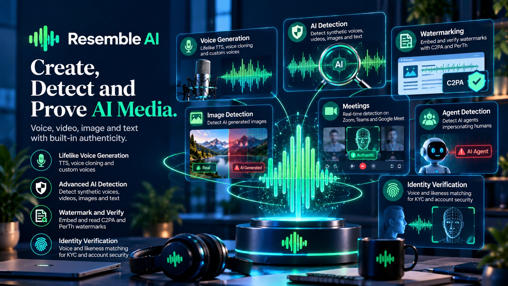 Resemble AI deepfake detection, multimodal watermarking, and voice cloning platform: audio, video, image, and text verification in one system