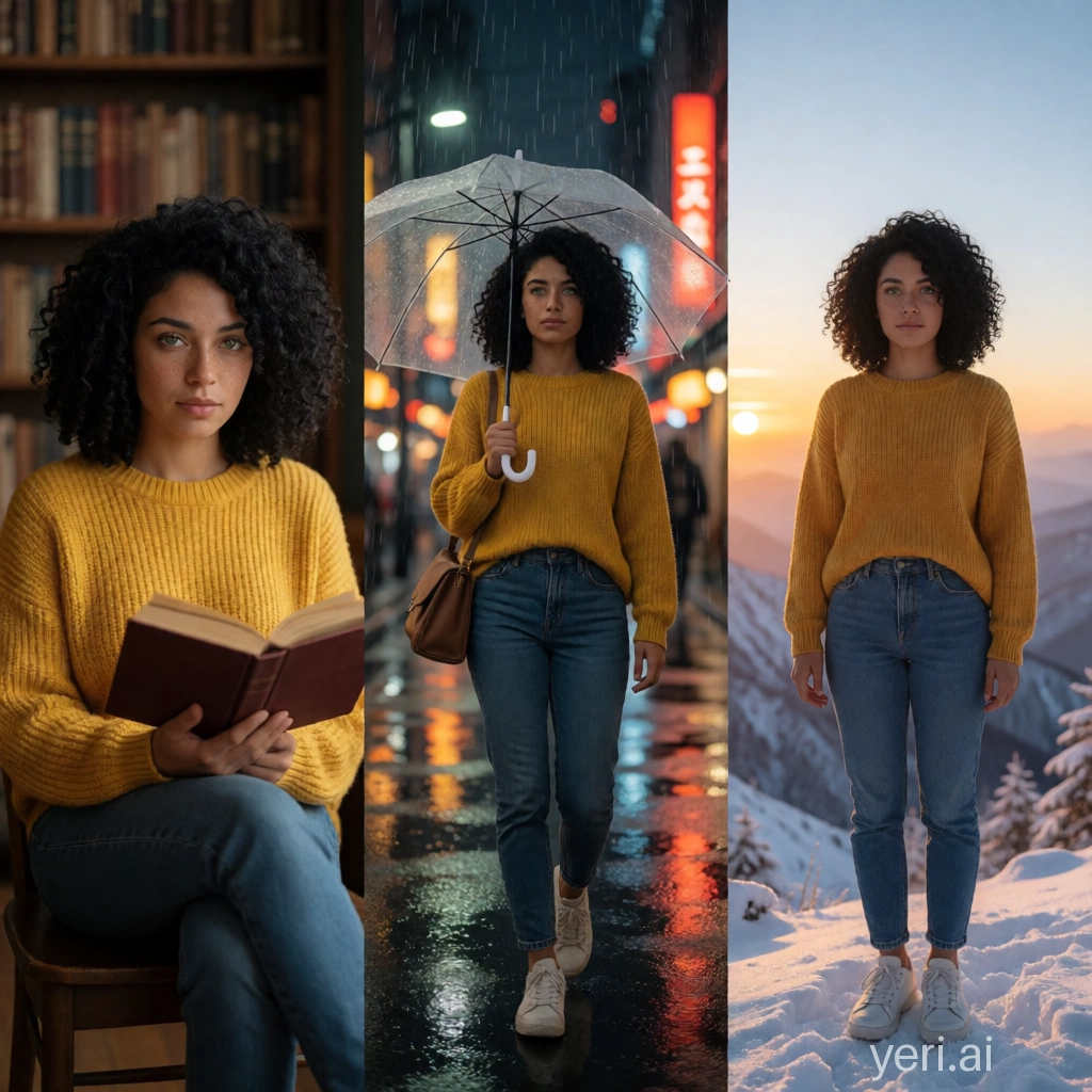 Stable Diffusion test â cinematic triptych of the same woman in three scenes