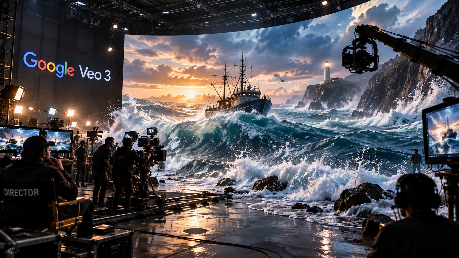 A director on a virtual production stage watching a stormy sea scene on the LED wall, with the Google Veo 3 logo displayed